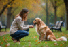 Femme en jeans et pull tresse caressant un golden retriever dans un parc