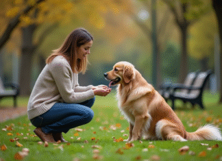 Chiens : comprendre le langage canin pour mieux communiquer Femme en jeans et pull tresse caressant un golden retriever dans un parc