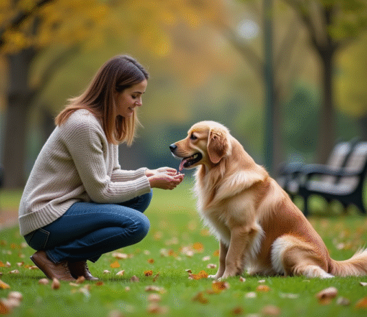 Chiens : comprendre le langage canin pour mieux communiquer Femme en jeans et pull tresse caressant un golden retriever dans un parc