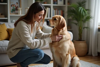 Femme et chien retriever dans un salon chaleureux