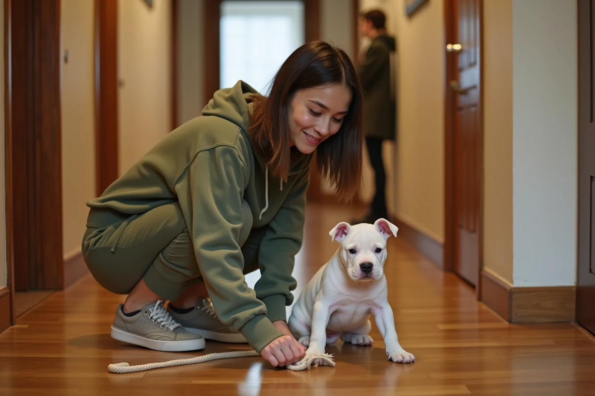 Jeune femme jouant avec un chiot bull terrier dans le couloir étroit d'un appartement urbain