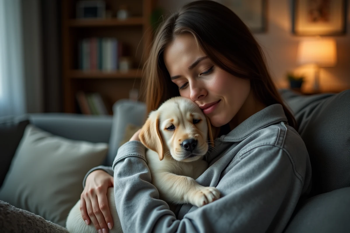 Femme jeune tenant un chiot labrador dans un salon urbain