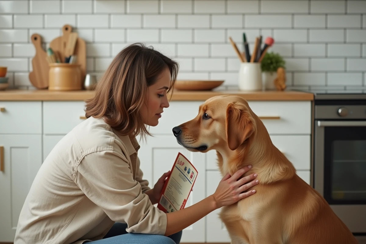 Femme examinant les ingrédients d'un sac de croquettes pour chien allergique dans une cuisine moderne