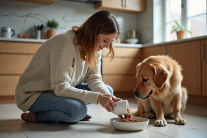 Femme en sweater verse du kibble dans la gamelle du chien