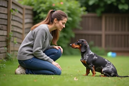Femme et chien dachshund dans un jardin en arrière-plan