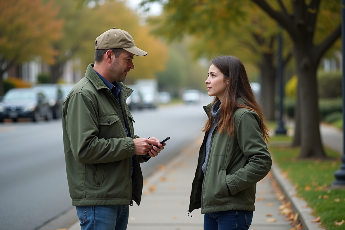 Jeune femme parlant avec un agent municipal dans la rue