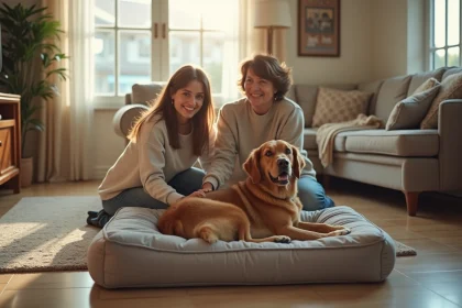 Femme et chien sur un lit douillet dans le salon