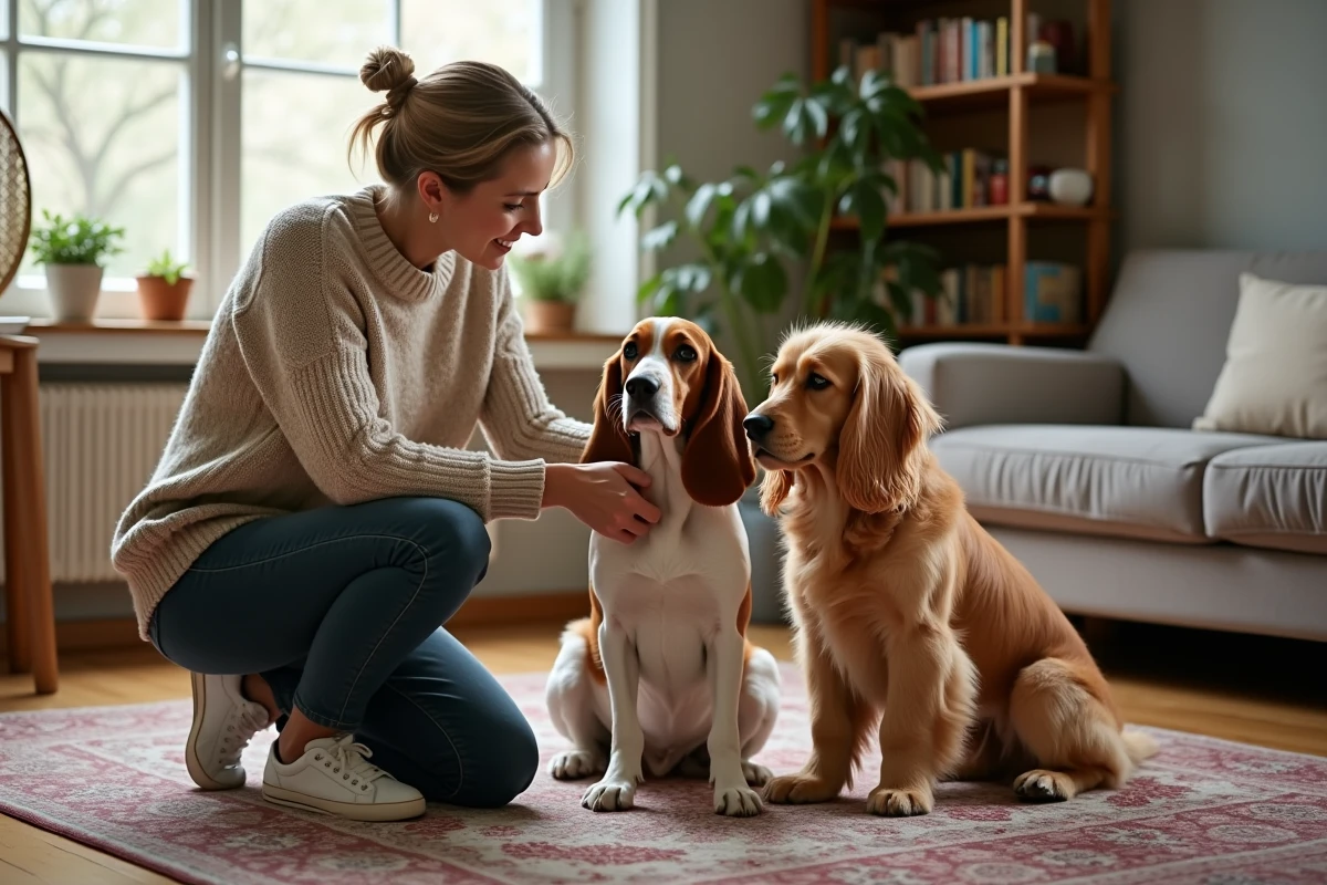 Femme et deux chiens détendus dans un salon ensoleille