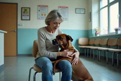 Femme assise avec un chien dans une salle d'attente vétérinaire