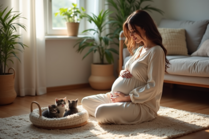 Femme enceinte souriante avec des chatons dans un intérieur chaleureux