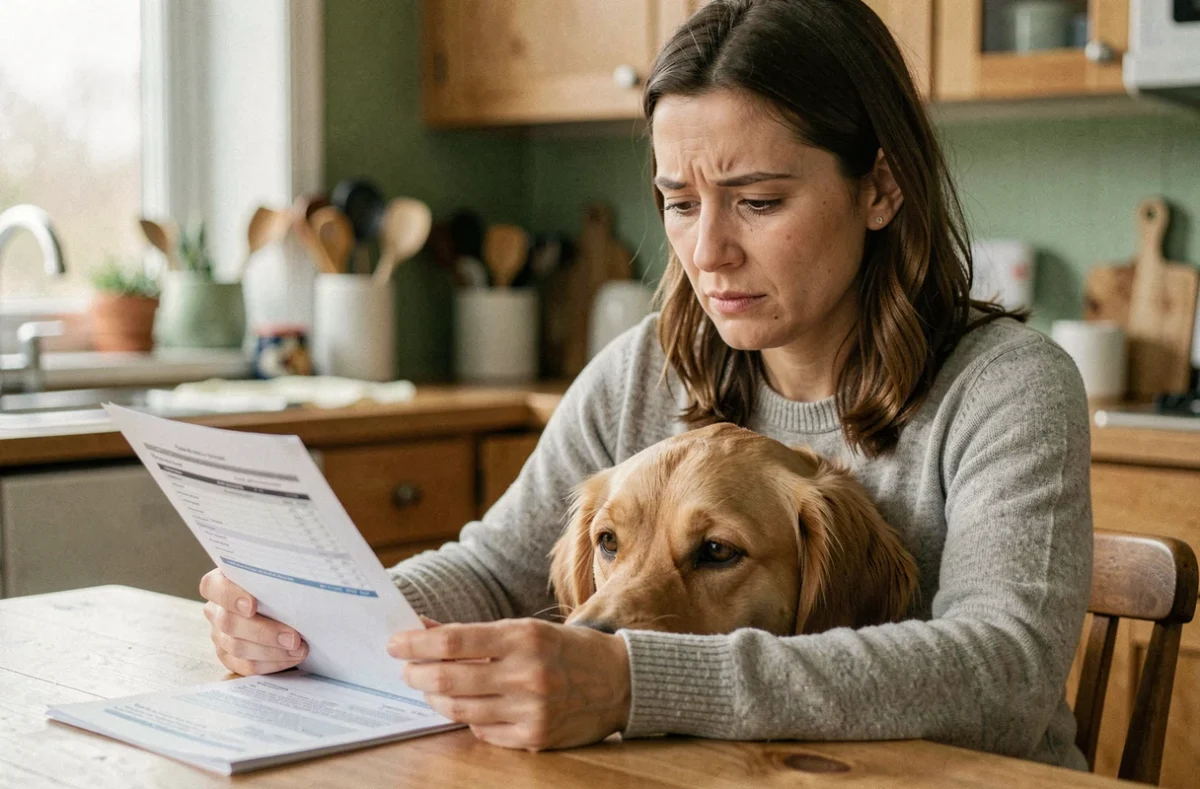 Femme consultant des factures vétérinaires avec son chien golden retriever pour optimiser son remboursement assurance animale