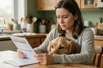 Femme consultant des factures vétérinaires avec son chien golden retriever pour optimiser son remboursement assurance animale
