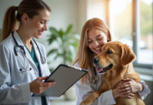 Femme heureuse avec son golden retriever chez le vétérinaire