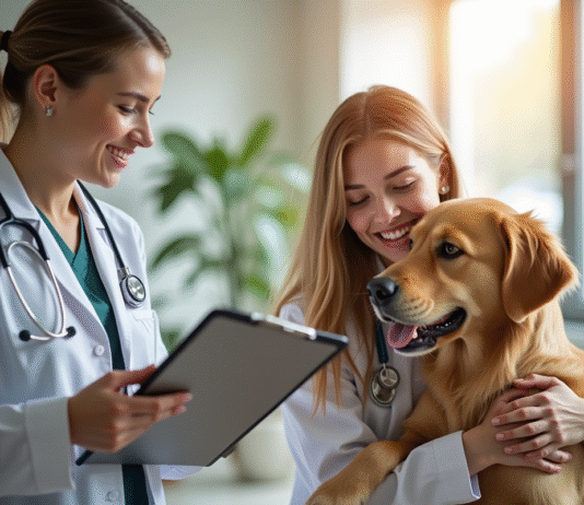 Femme heureuse avec son golden retriever chez le vétérinaire