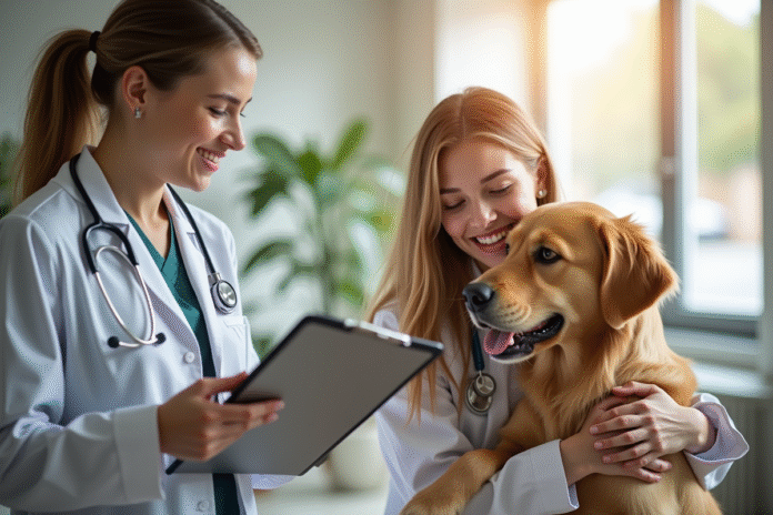 Femme heureuse avec son golden retriever chez le vétérinaire