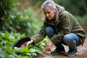 Femme dans le jardin observant un chenille noire pelucheuse