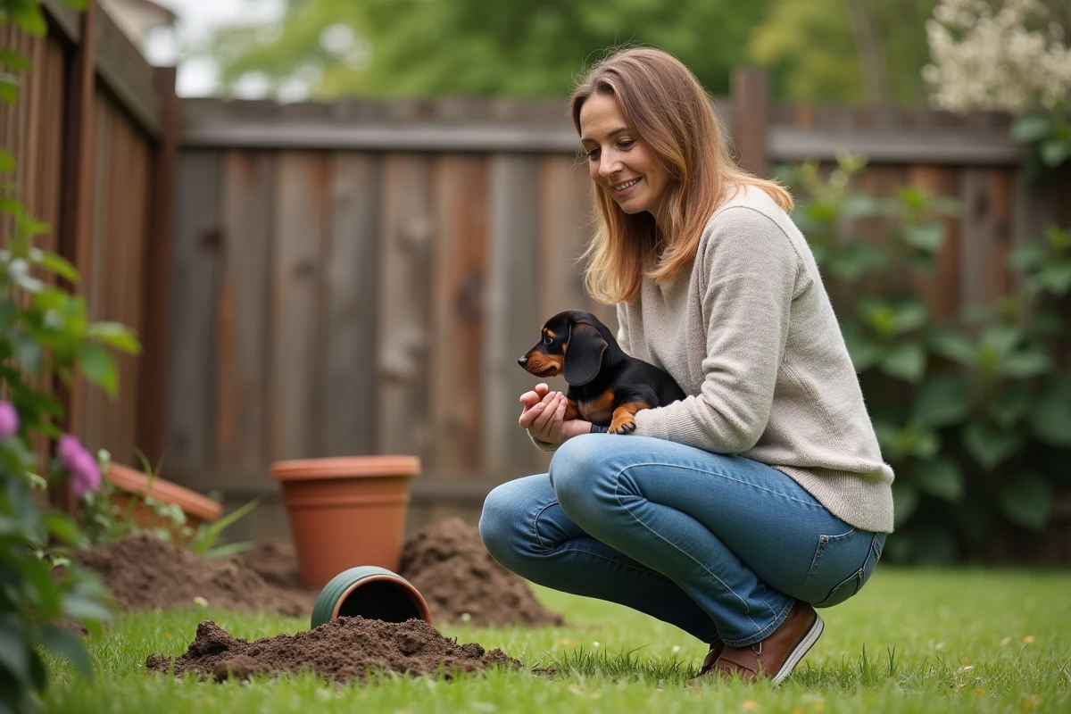 Femme dans le jardin avec son chiot dachshund et clôture