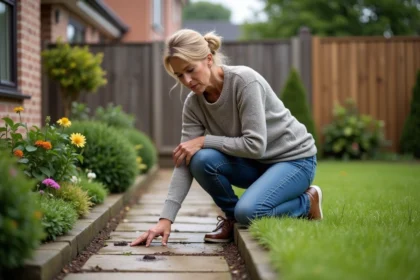 Femme examinant des crottes de renard dans son jardin