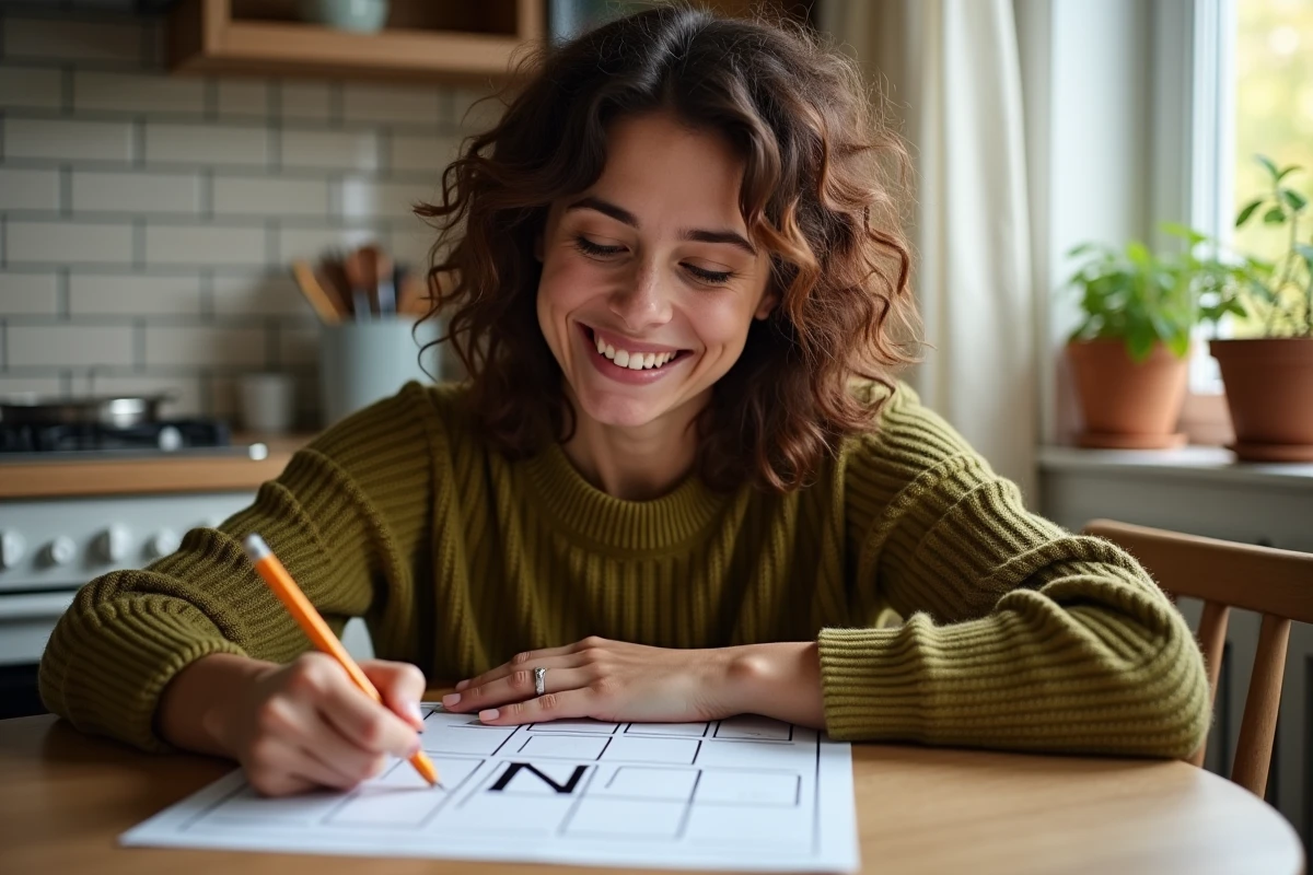 Femme jouant au petit bac à une table de cuisine, pointant la lettre N sur une feuille de jeu, ambiance chaleureuse et décontractée
