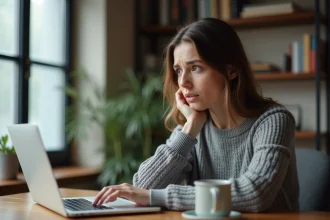 Femme méfiante lisant des avis sur Aplouf.com depuis son bureau à domicile