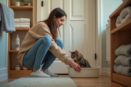 Jeune femme plaçant un chat dans une litière propre dans une salle de bain chaleureuse
