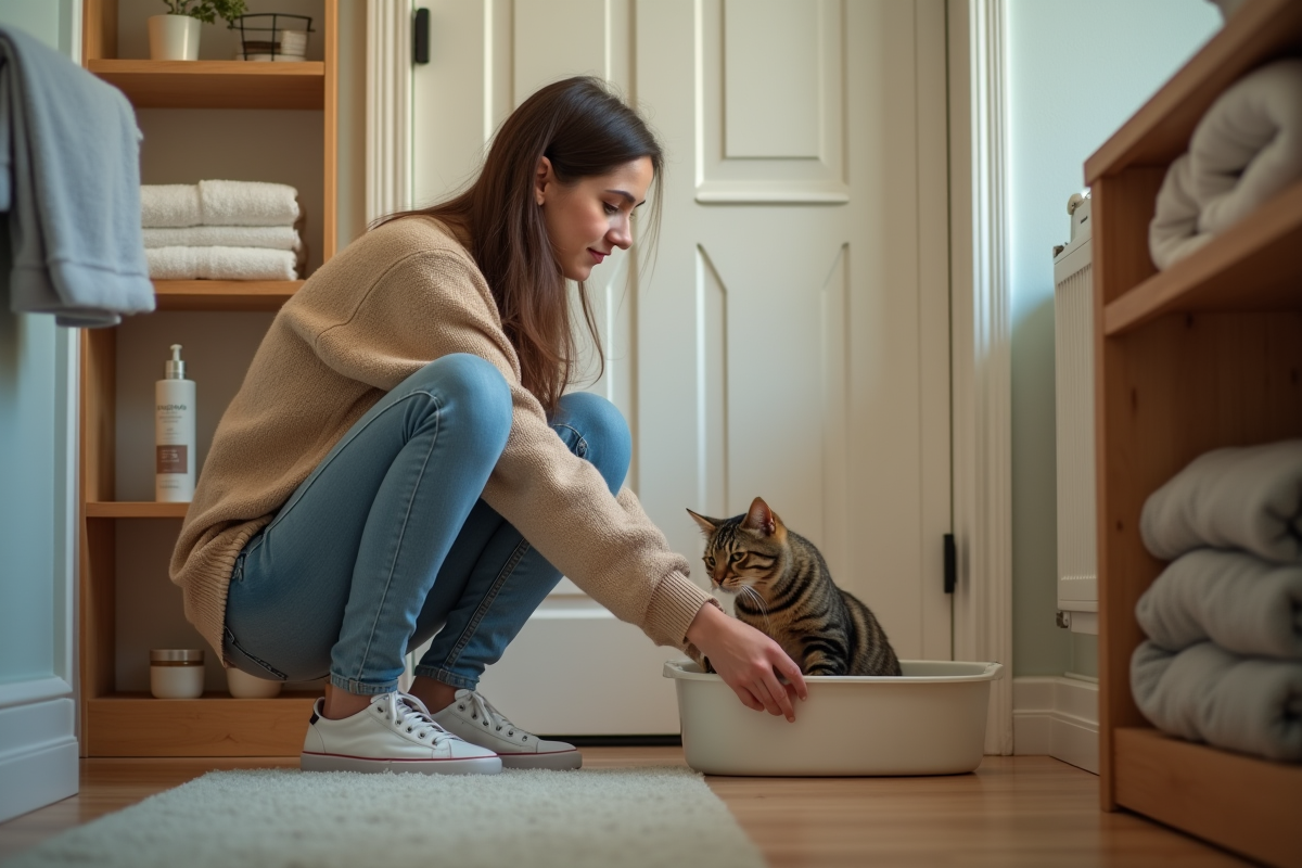 Jeune femme plaçant un chat dans une litière propre dans une salle de bain chaleureuse