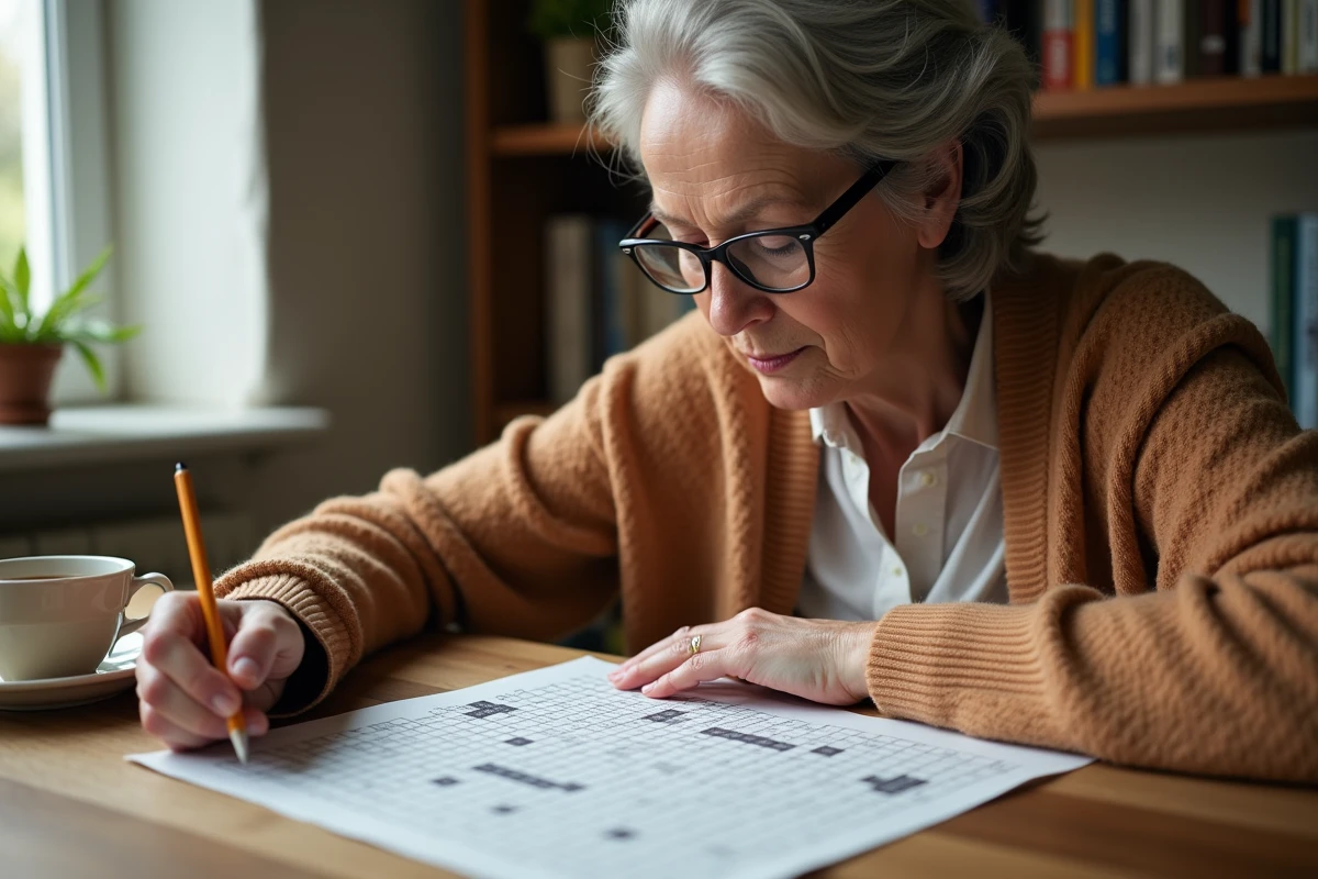Femme résolvant des mots croisés avec un crayon à la main, cherchant un animal en U
