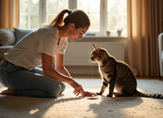 Chat : comprendre et agir face à ses problèmes d’urine ! Femme inquiète nettoie une tache d urine sur le tapis du salon