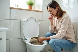 Femme en jeans et pull pastel tenant une pelle à litière