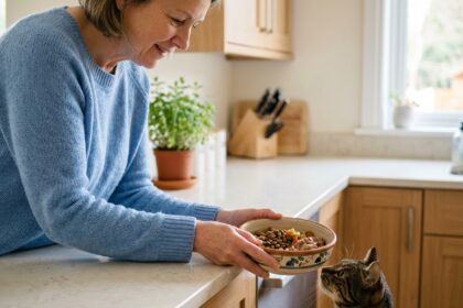 Femme en pull bleu donnant à manger à son chat dans la cuisine