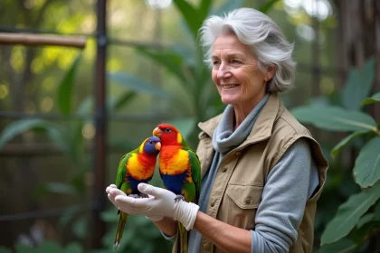 Femme ornithologue tenant des rosellas colorés dans un aviary