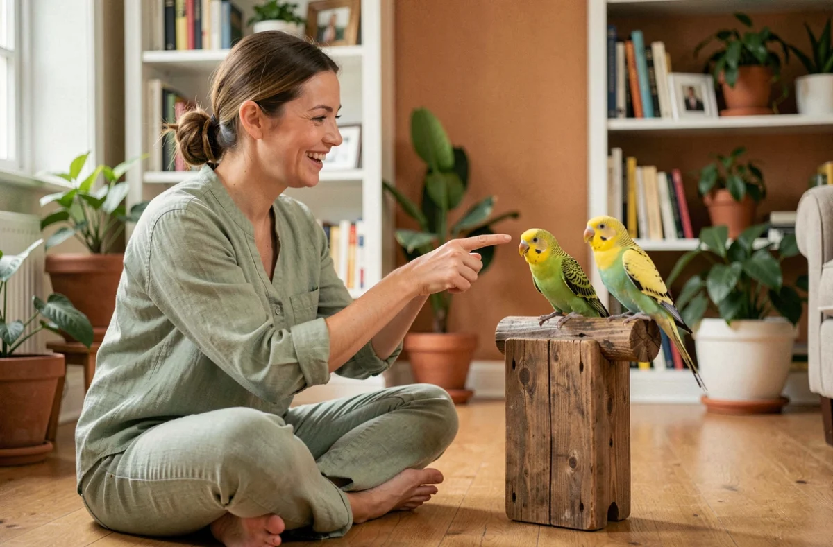 Femme souriante interagissant avec deux perruches colorées dans un salon chaleureux, illustrant la cohabitation de plusieurs oiseaux à la maison