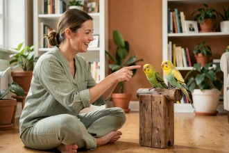 Femme souriante interagissant avec deux perruches colorées dans un salon chaleureux, illustrant la cohabitation de plusieurs oiseaux à la maison
