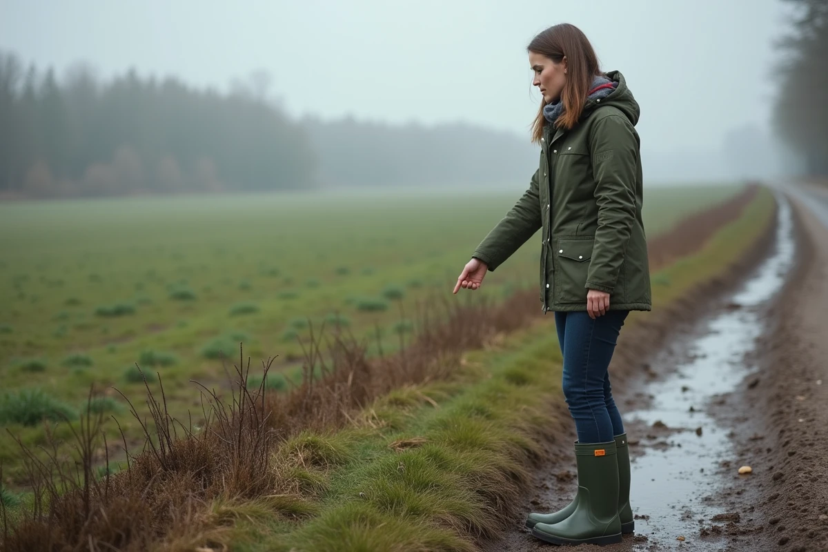 Femme indiquant des déjections de sangliers dans un champ rural