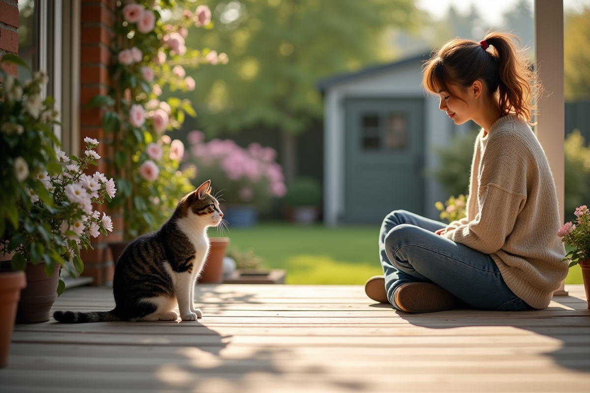Jeune femme sur le porche avec ses chats au soleil