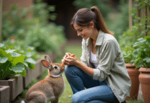 Jeune femme souriante avec un lapin dans un jardin bio