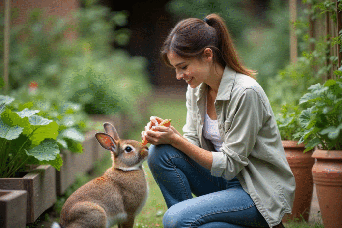 Jeune femme souriante avec un lapin dans un jardin bio