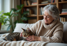 Stérilisation de chat : Astuces pour prendre soin d’un félin récemment opéré Femme caressant un chat récemment sterilise dans un salon