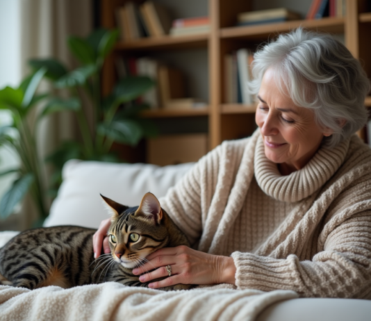 Stérilisation de chat : Astuces pour prendre soin d’un félin récemment opéré Femme caressant un chat récemment sterilise dans un salon