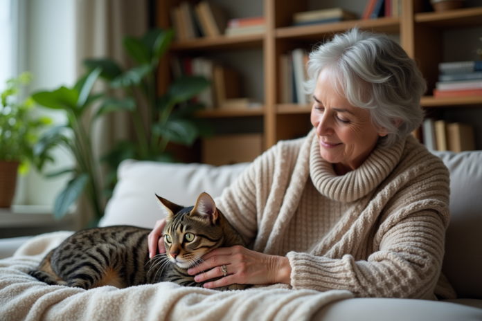 femme-recovery-chat Femme caressant un chat récemment sterilise dans un salon