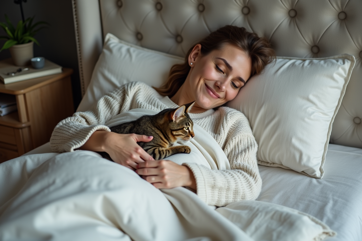 Femme reposant avec un chat tabby sur le ventre