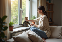 Empêcher son chat de sauter : conseils efficaces pour un foyer serein Femme redirige doucement un chat tabby dans un salon chaleureux