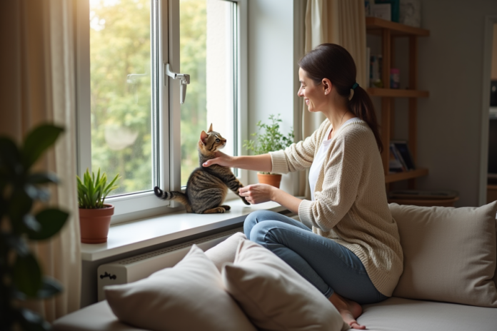 Femme redirige doucement un chat tabby dans un salon chaleureux