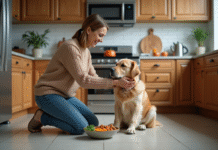 Femme en cuisine avec son retriever et un bol équilibré