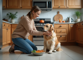 Femme en cuisine avec son retriever et un bol équilibré
