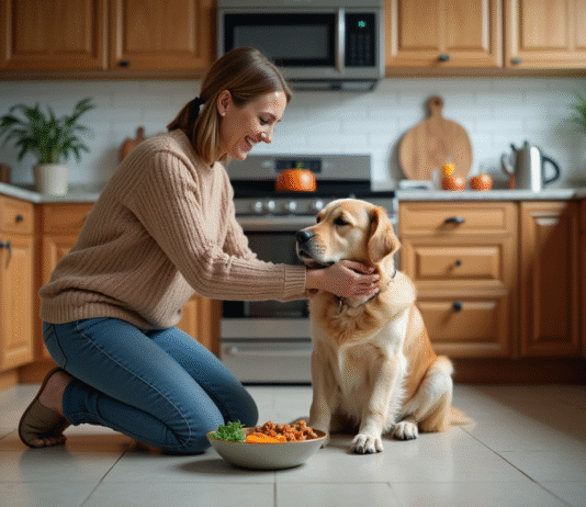 Femme en cuisine avec son retriever et un bol équilibré