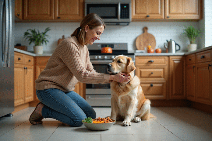 Femme en cuisine avec son retriever et un bol équilibré