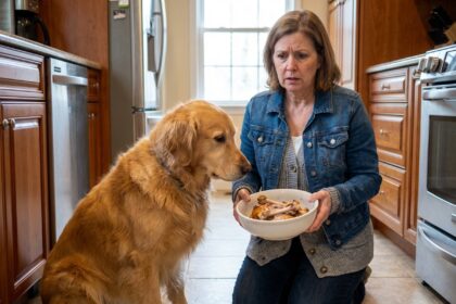 Femme en cuisine avec son retriever doré prêt à donner des os