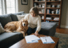 Mutuelle chien : comment repérer la meilleure offre du marché ? Femme assise avec retriever dans un salon cosy