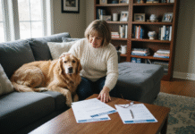 Femme assise avec retriever dans un salon cosy